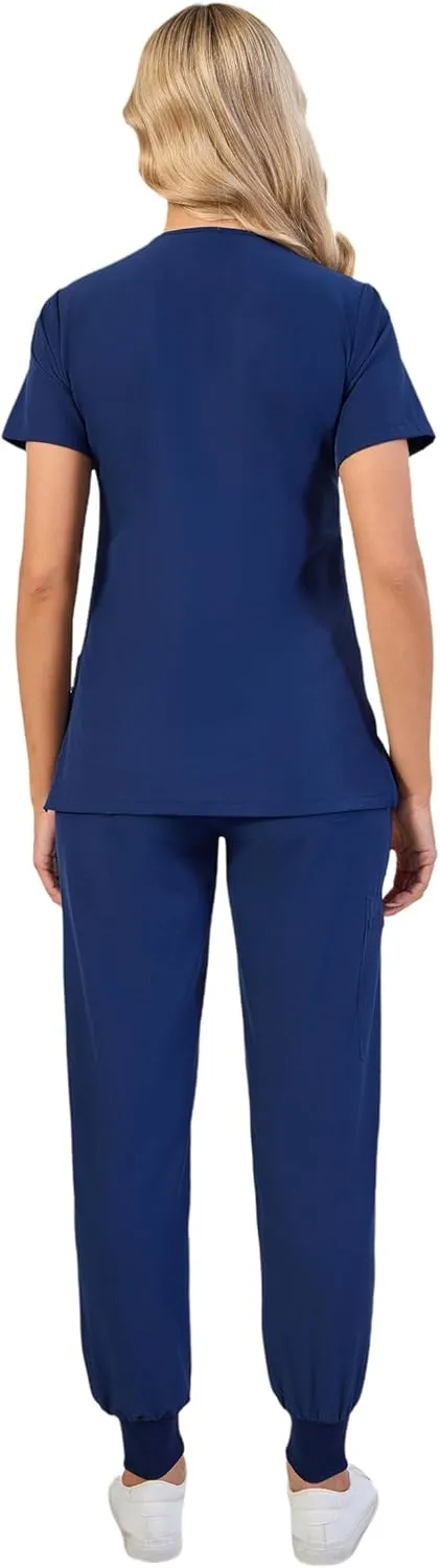 Naivlizer Scrub Set for Women V-Neck Scrub Top & Jogger Pants Medical Uniform Suits with 9 Pockets