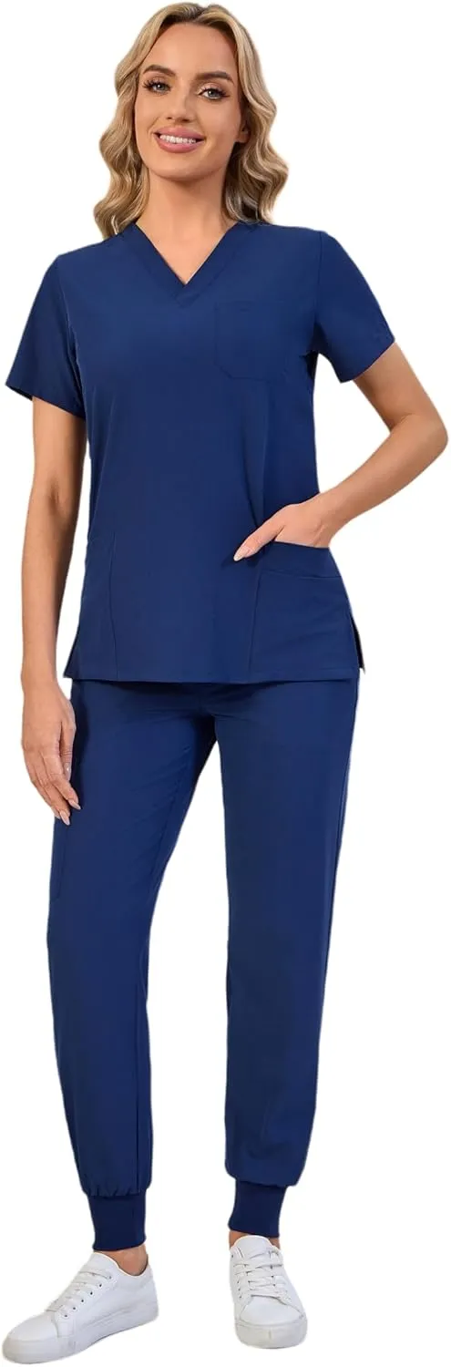 Naivlizer Scrub Set for Women V-Neck Scrub Top & Jogger Pants Medical Uniform Suits with 9 Pockets