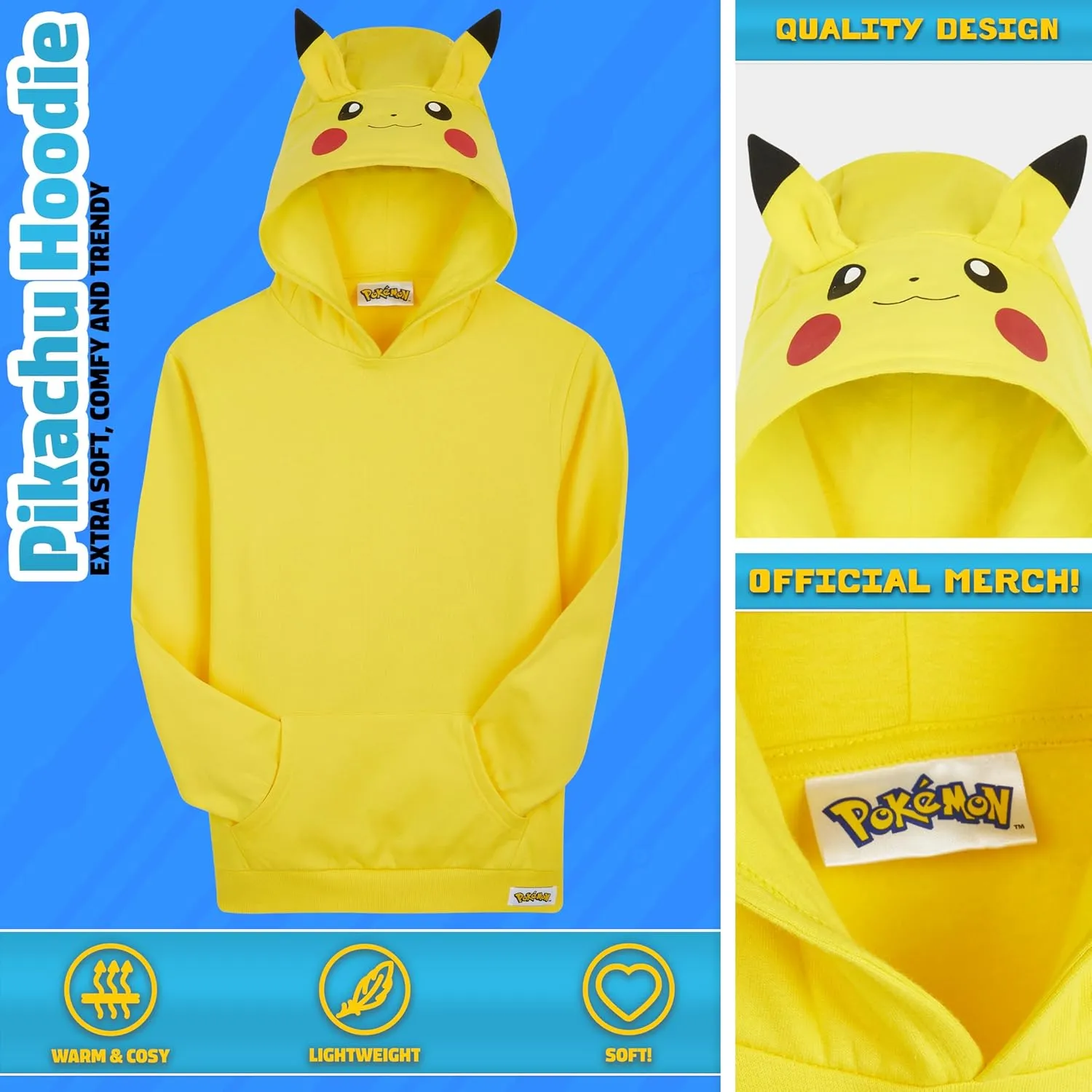 Pokemon Hoodie for Boys & Teens Hooded Sweatshirt Warm Anime Pikachu Sweater