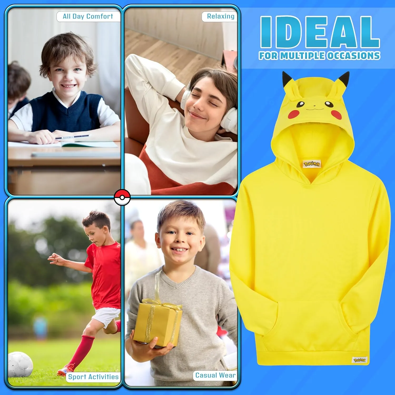Pokemon Hoodie for Boys & Teens Hooded Sweatshirt Warm Anime Pikachu Sweater