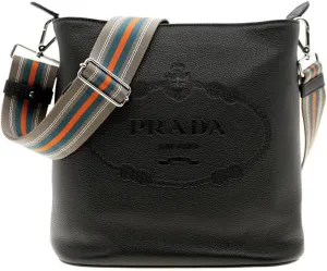 Prada Womens Black Leather Stripe Strap Bucket Bag 1BE057