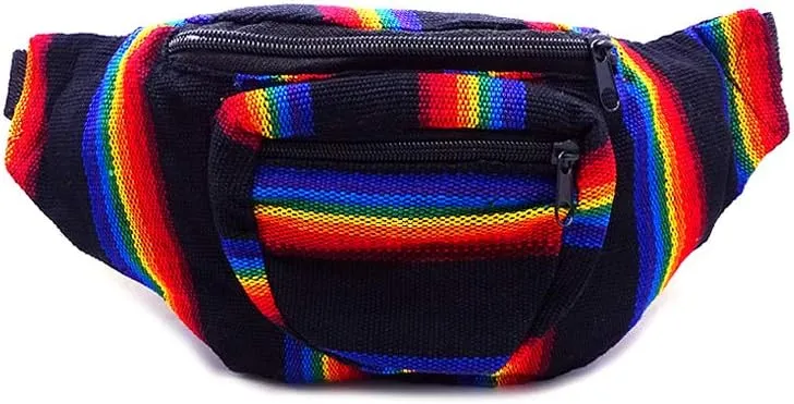 Rainbow Multicolored Woven Striped Pattern Lightweight Fanny Pack Waist Bag - Handmade Belt Pouch Boho Travel Accessories (Black-Stripes)