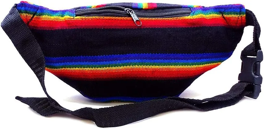 Rainbow Multicolored Woven Striped Pattern Lightweight Fanny Pack Waist Bag - Handmade Belt Pouch Boho Travel Accessories (Black-Stripes)