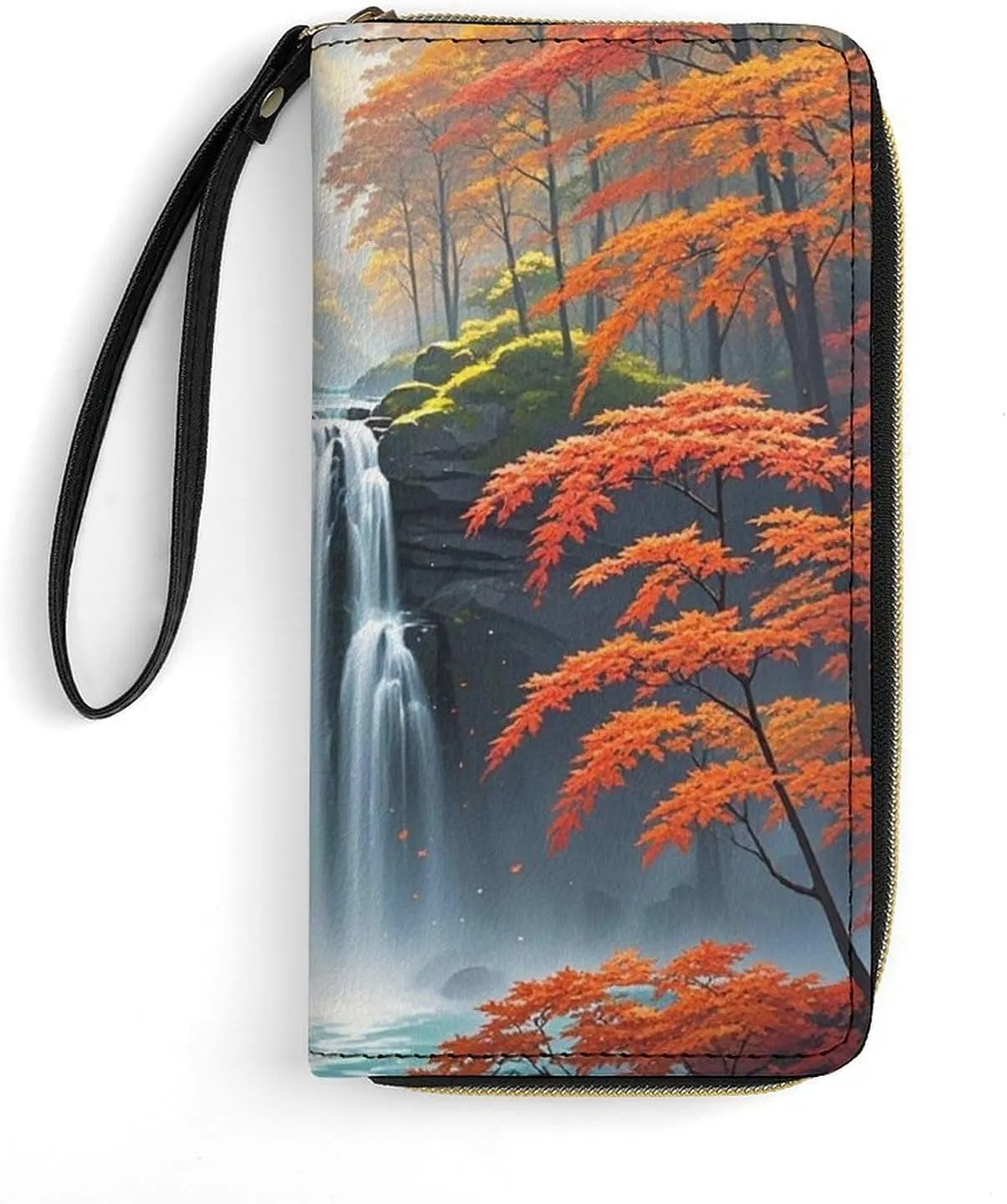 Red Tropical Trees Wallet Leather Zipper Around Clutch Wallet Large Capacity Purse with Wristlet Strap