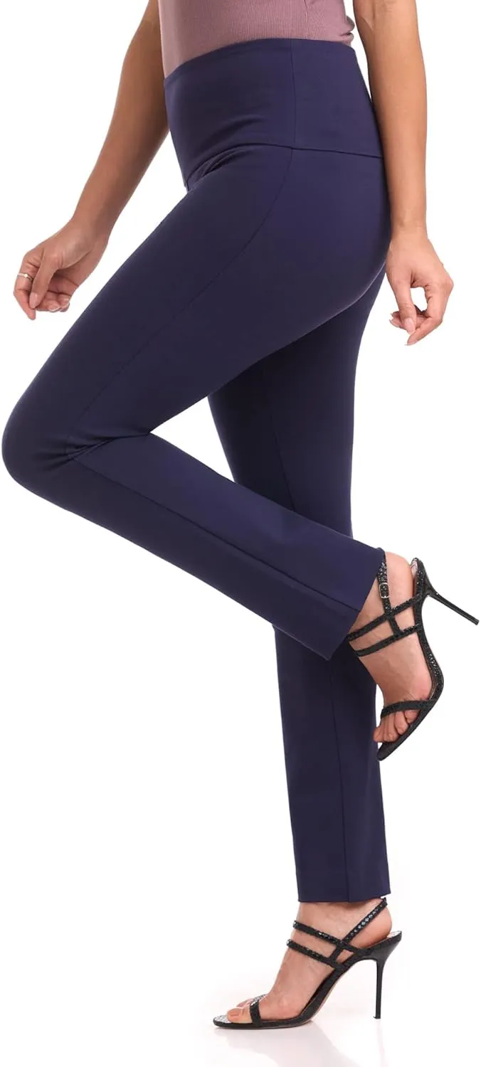 Rekucci Women's Secret Figure Pull On Knit Slim Straight Leg Pant with Wide Waist