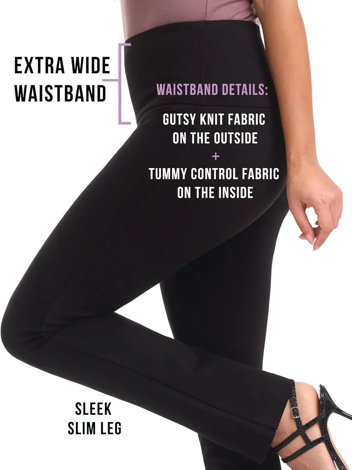 Rekucci Women's Secret Figure Pull On Knit Slim Straight Leg Pant with Wide Waist