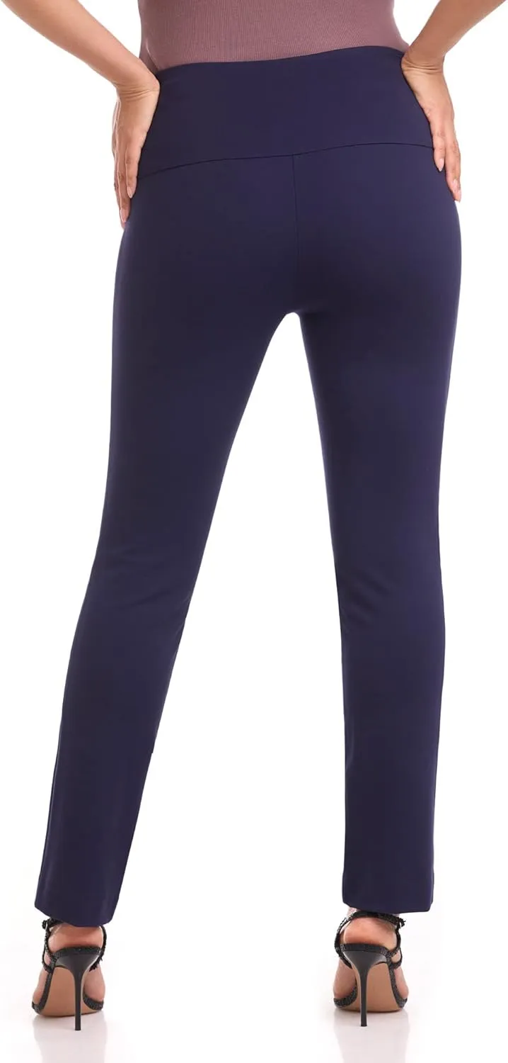 Rekucci Women's Secret Figure Pull On Knit Slim Straight Leg Pant with Wide Waist