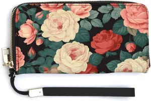 Roses And Peonies Wallet Leather Zipper Around Clutch Wallet Large Capacity Purse with Wristlet Strap