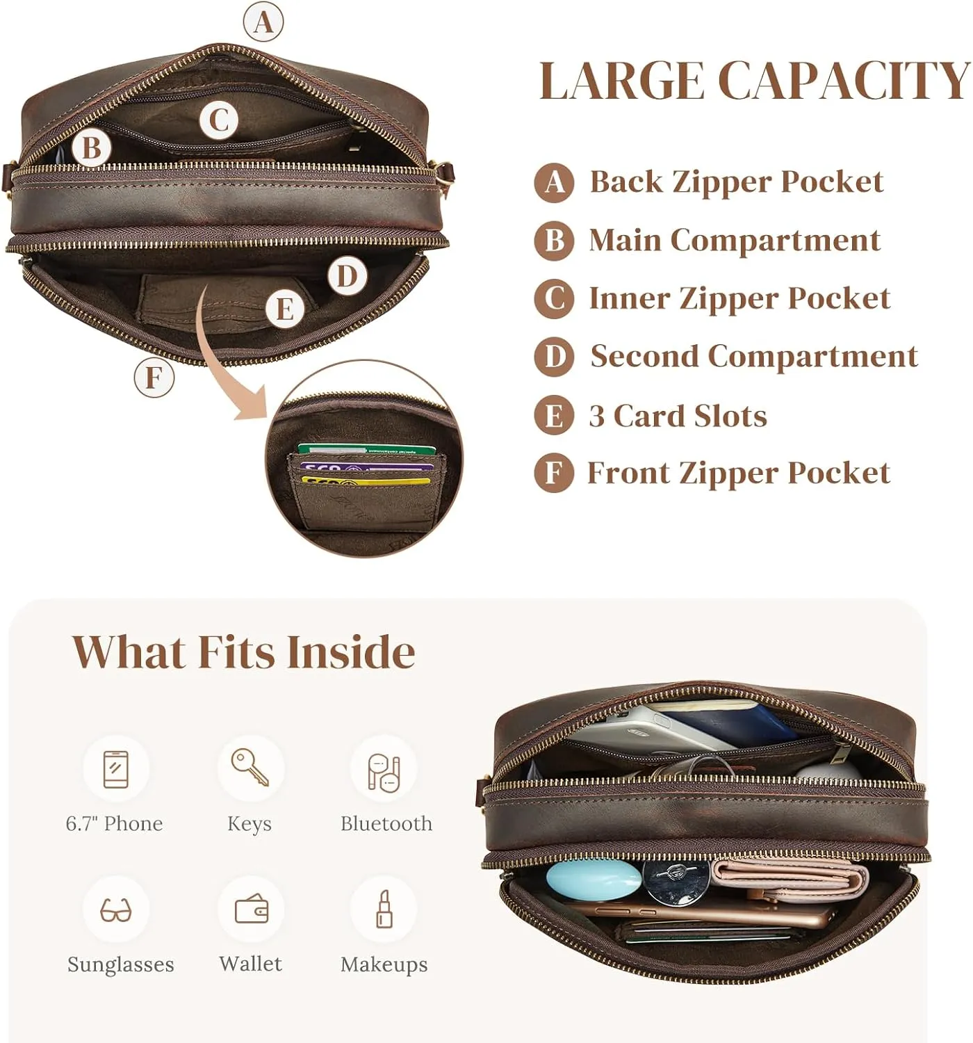S-ZONE Top Grain Leather Crossbody Bags for Women RFID Blocking Shoulder Purses