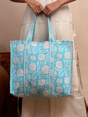Sky Blue Floral Printed Quilted  Tote Bag with Inner Pocket