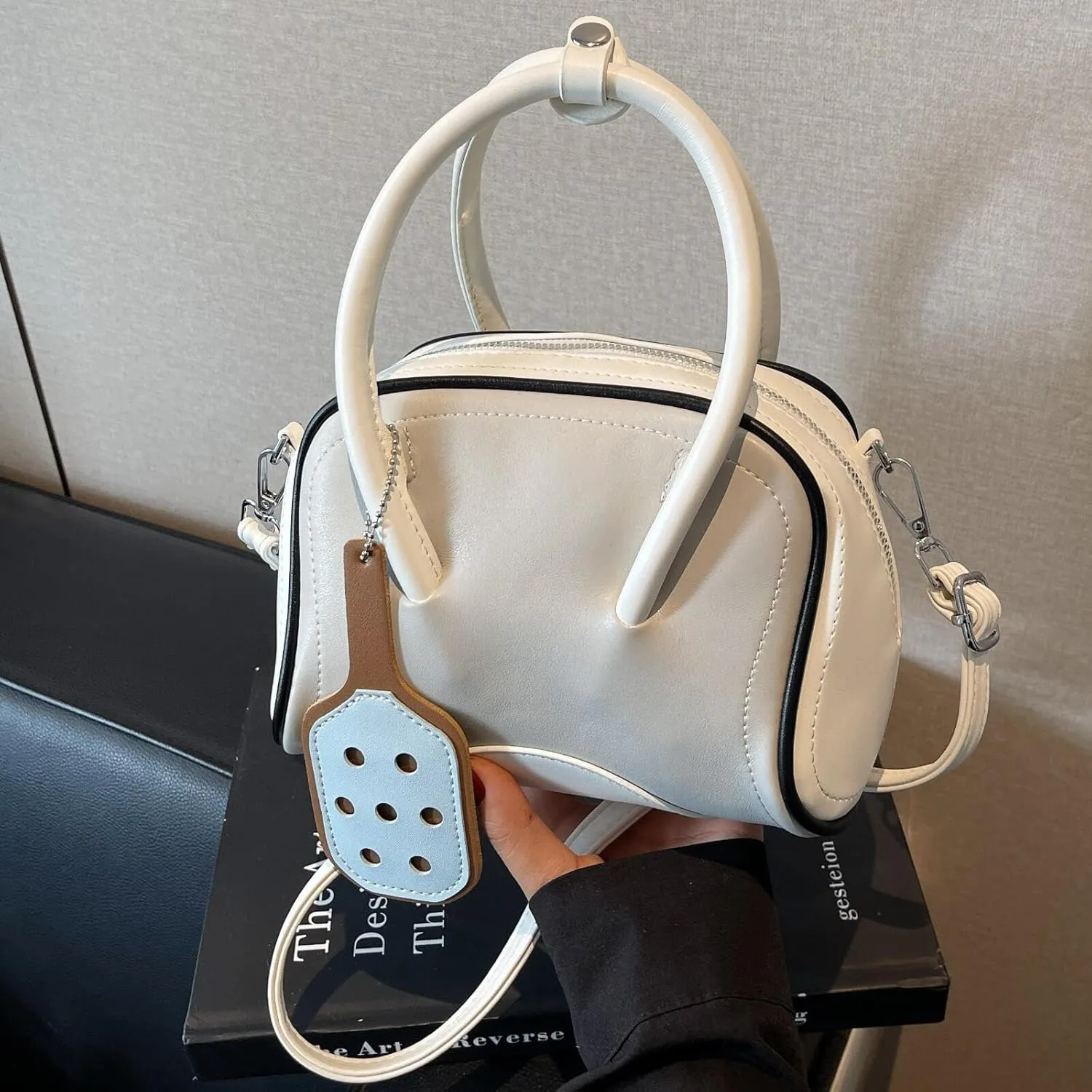 Small Bowling Tote Handbag for Women Shoulder Crossbody Bag Vegan Leather Top Handle Purses with Adjustable Strap