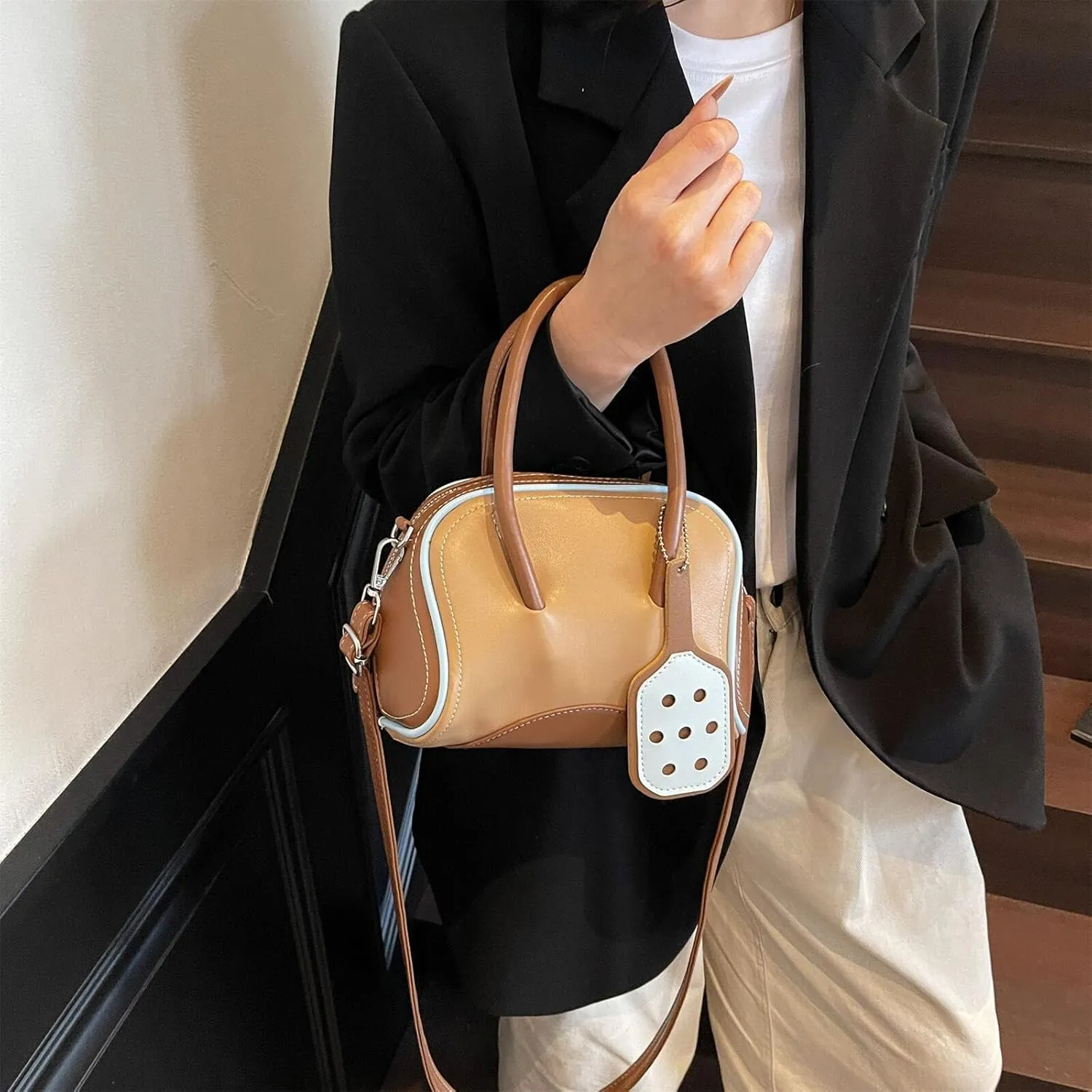 Small Bowling Tote Handbag for Women Shoulder Crossbody Bag Vegan Leather Top Handle Purses with Adjustable Strap