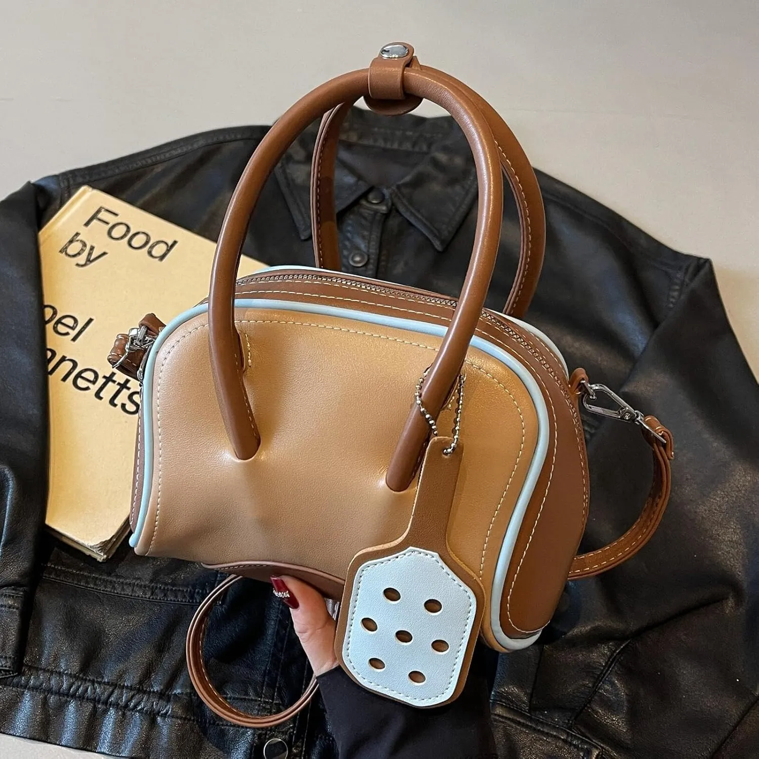 Small Bowling Tote Handbag for Women Shoulder Crossbody Bag Vegan Leather Top Handle Purses with Adjustable Strap