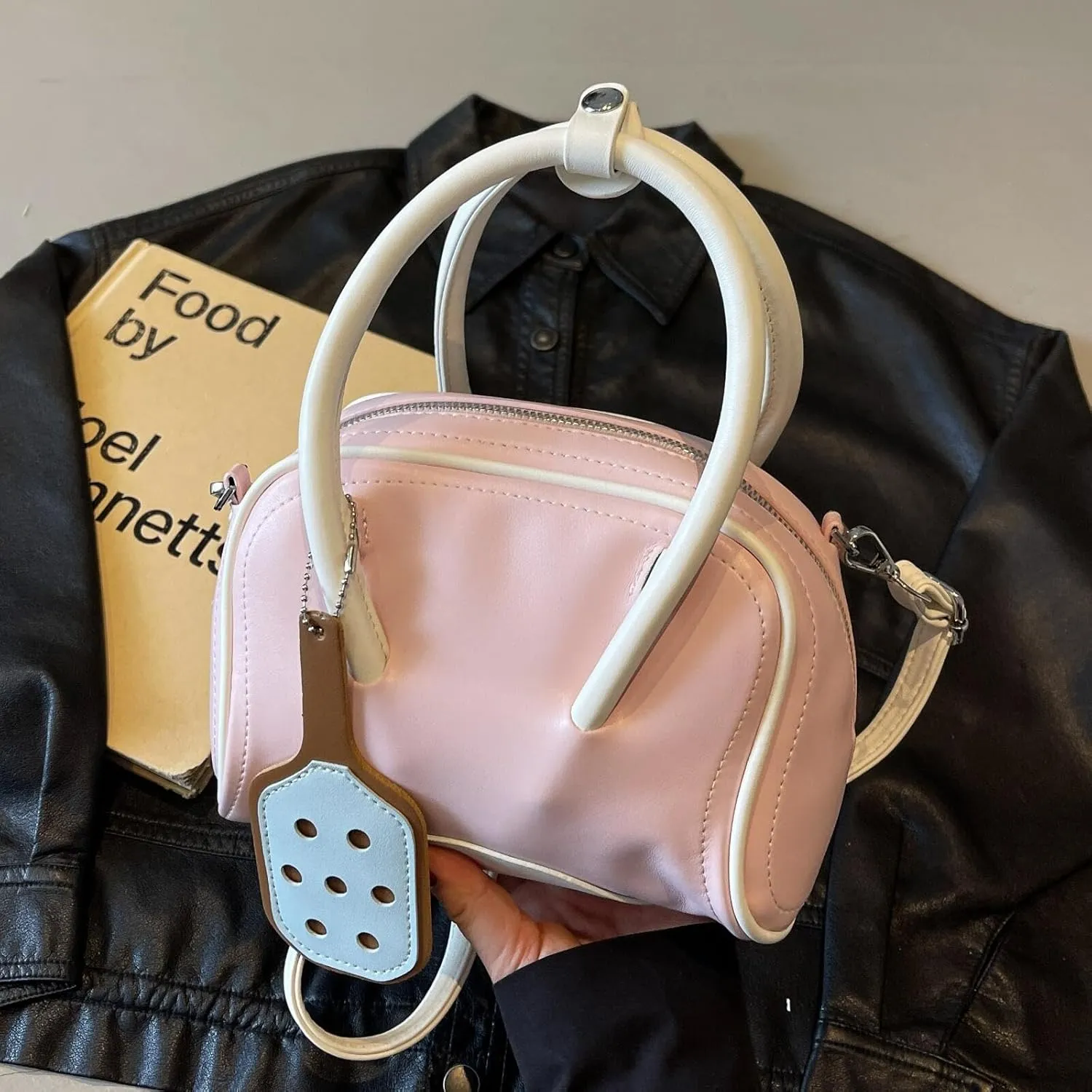 Small Bowling Tote Handbag for Women Shoulder Crossbody Bag Vegan Leather Top Handle Purses with Adjustable Strap