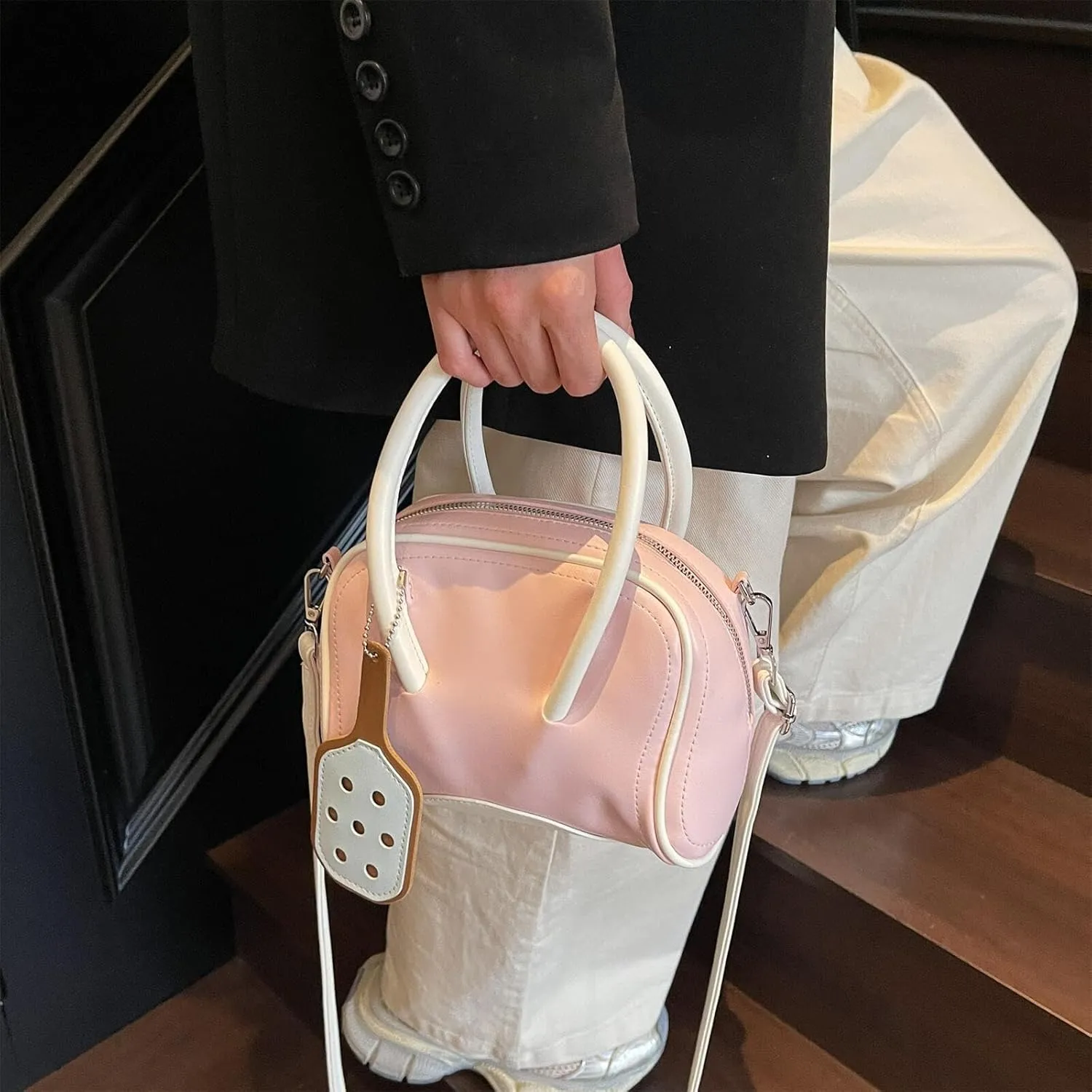 Small Bowling Tote Handbag for Women Shoulder Crossbody Bag Vegan Leather Top Handle Purses with Adjustable Strap