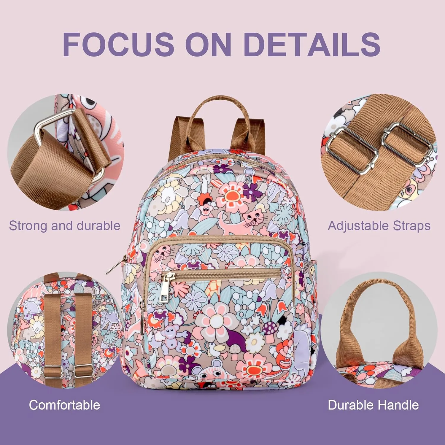 Small Purse Backpack for Women Cute Mini Backpack Nylon Lightweight Fashion Daypack for Ladies Waterproof Travel Work Daily Backpack (Flower Pattern)