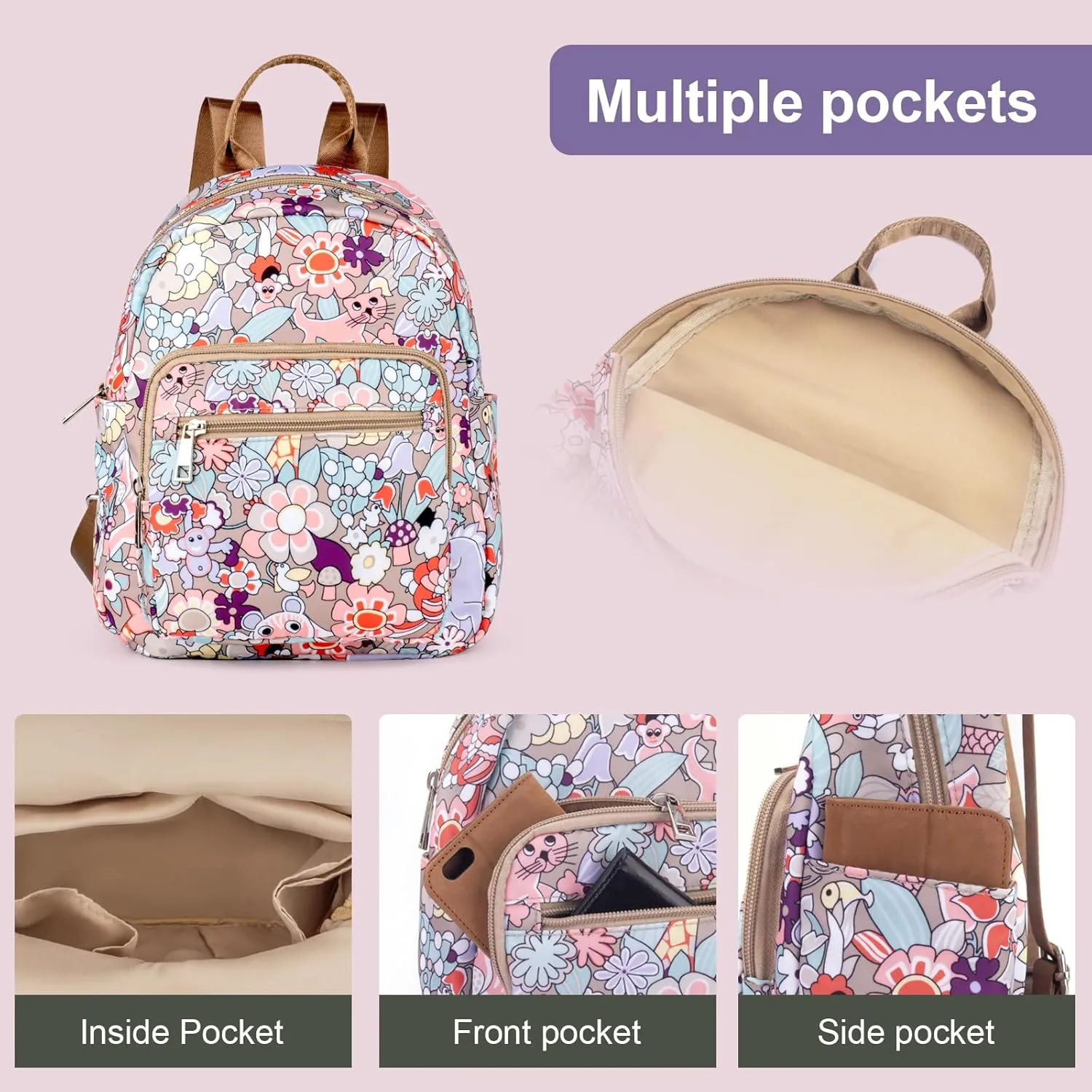 Small Purse Backpack for Women Cute Mini Backpack Nylon Lightweight Fashion Daypack for Ladies Waterproof Travel Work Daily Backpack (Flower Pattern)