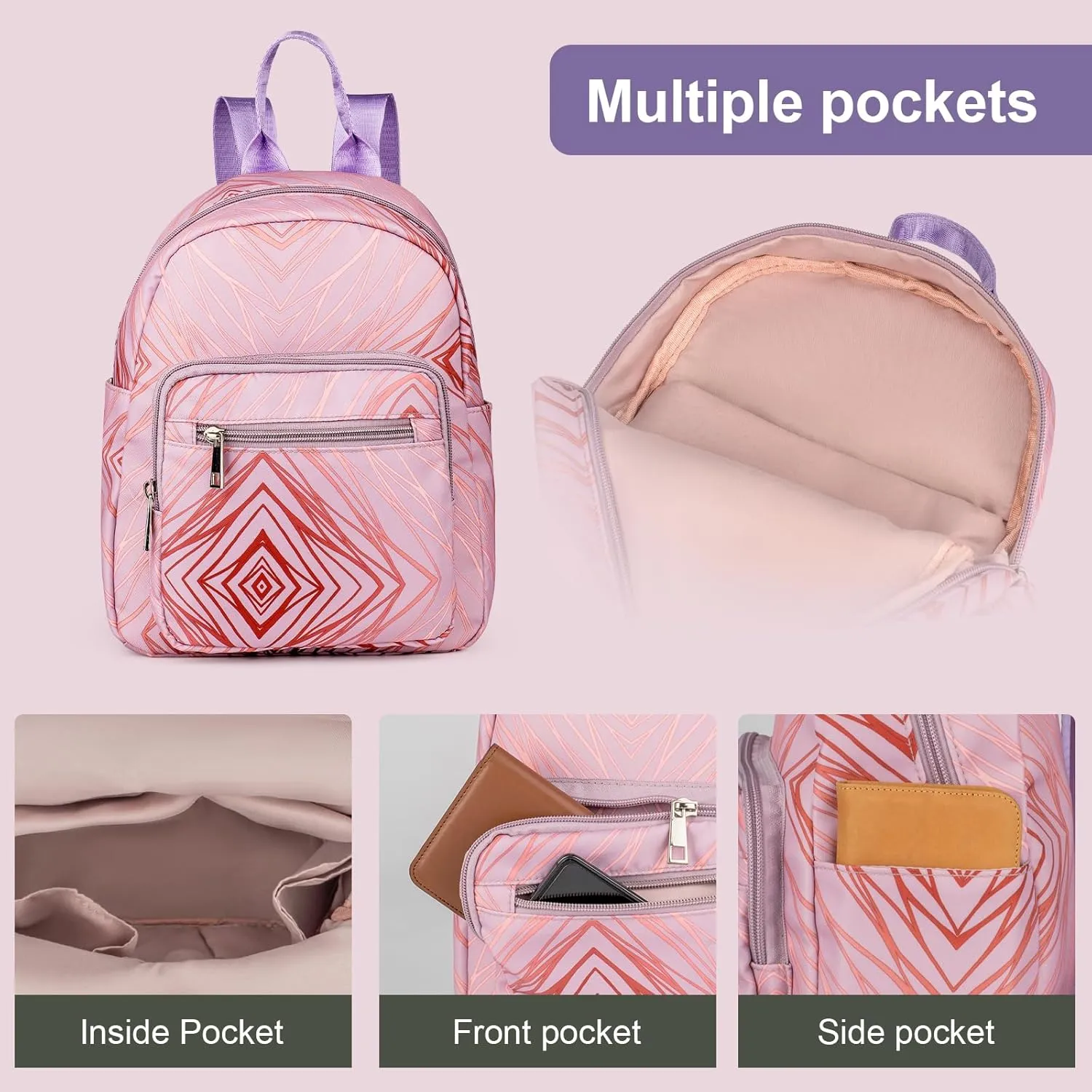 Small Purse Backpack for Women Cute Mini Backpack Nylon Lightweight Fashion Daypack for Ladies Waterproof Travel Work Daily Backpack (Line Pattern)