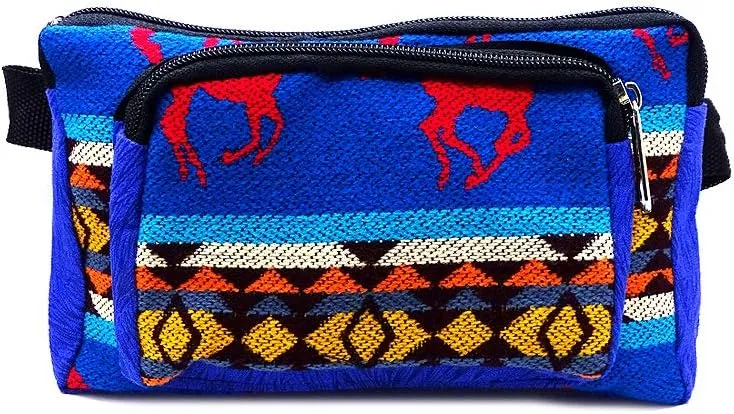 Southwest Aztec Tribal Print Pattern Adjustable Buckle Fanny Pack Waist Bag - Handmade Belt Pouch Boho Travel Accessories (Blue/Horses)