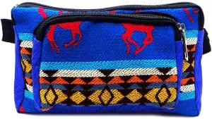 Southwest Aztec Tribal Print Pattern Adjustable Buckle Fanny Pack Waist Bag - Handmade Belt Pouch Boho Travel Accessories (Blue/Horses)