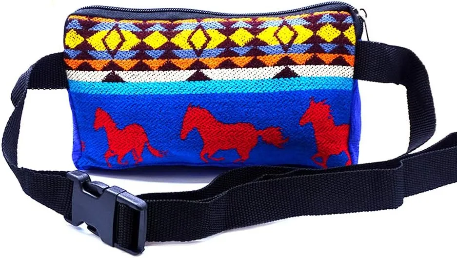 Southwest Aztec Tribal Print Pattern Adjustable Buckle Fanny Pack Waist Bag - Handmade Belt Pouch Boho Travel Accessories (Blue/Horses)