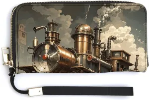 Steampunk Style Wallet Leather Zipper Around Clutch Wallet Large Capacity Purse with Wristlet Strap