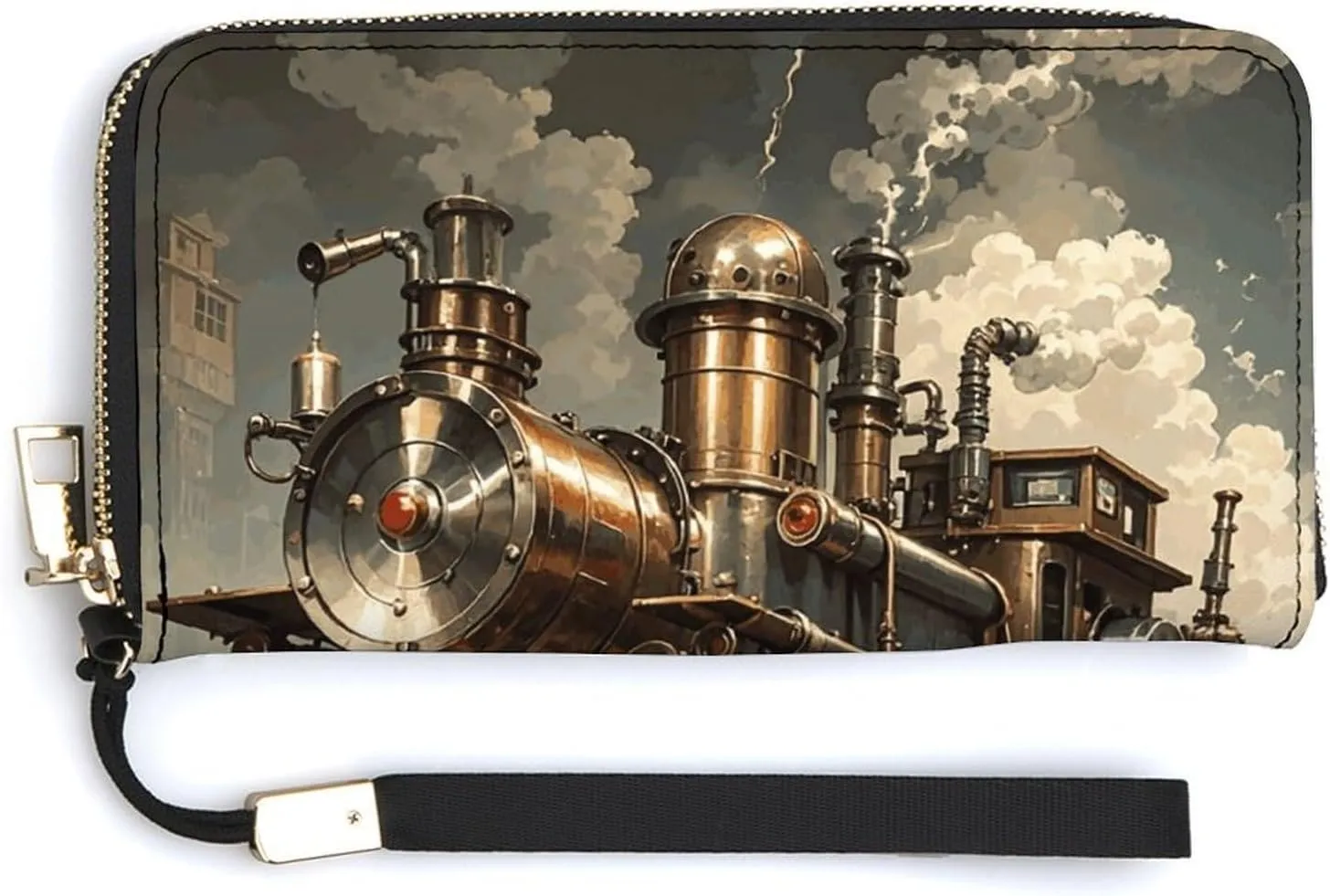 Steampunk Style Wallet Leather Zipper Around Clutch Wallet Large Capacity Purse with Wristlet Strap