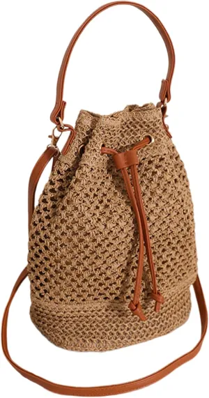 Straw Bucket Bag Summer Straw Shoulder Bag with Adjustable Shoulder Strap Beach Wicker Purse Drawstring Closure Woven Crossbody Bag for Women Vacation Coffee, Bucket Bag