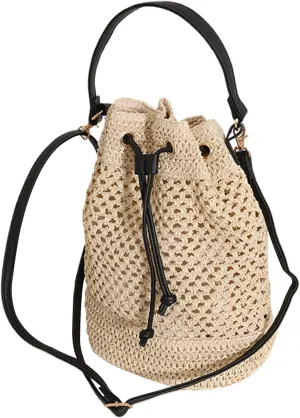 Straw Purse, Summer Straw Bucket Bag With Adjustable Shoulder Strap Beach Drawstring Crossbody Bag for Women