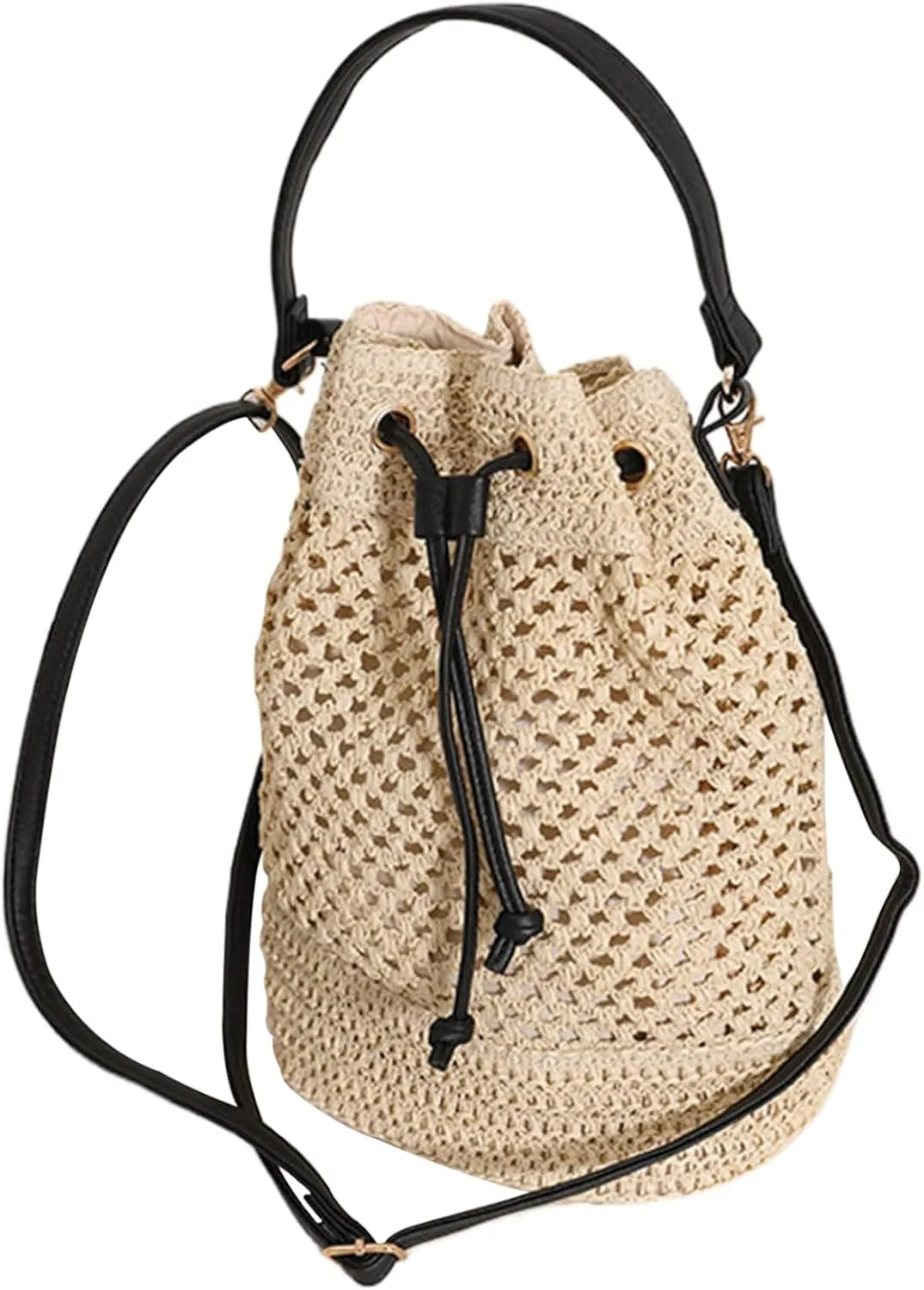 Straw Purse, Summer Straw Bucket Bag With Adjustable Shoulder Strap Beach Drawstring Crossbody Bag for Women