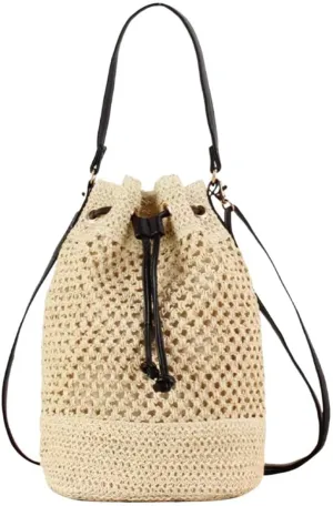Stylish Straw Bucket Bag for Women  Lightweight Crochet Shoulder Purse with Leather Straps  Perfect for Summer, Beach Days & Casual Outfits