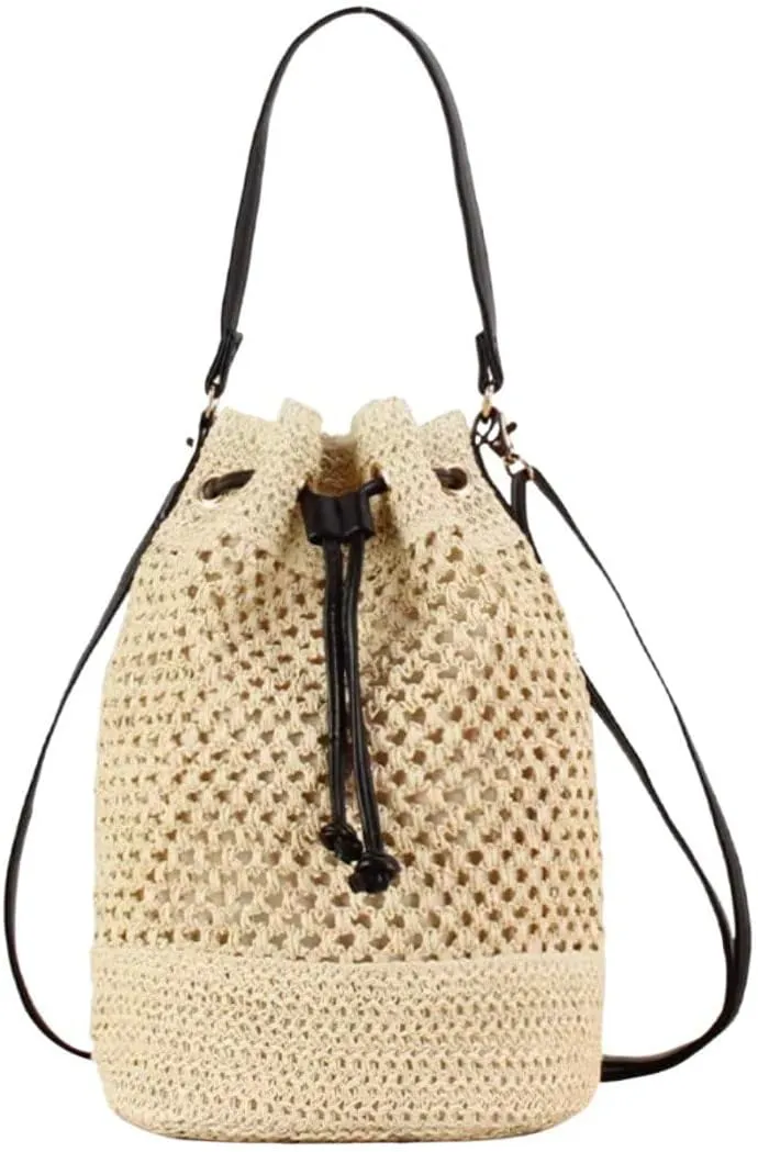 Stylish Straw Bucket Bag for Women  Lightweight Crochet Shoulder Purse with Leather Straps  Perfect for Summer, Beach Days & Casual Outfits
