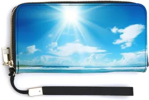 Summer Beach Wallet Leather Zipper Around Clutch Wallet Large Capacity Purse with Wristlet Strap