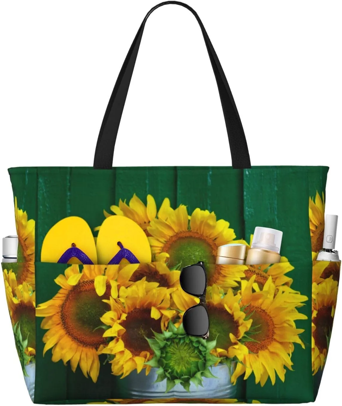 Sunflowers in Bucket Large Beach Tote Bag for Women Extra Large Capacity Waterproof Sandproof Pool Bag Suitable for Gym Swimming Pool Travel Groceries