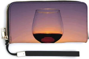 Sunset Wine Glass Wallet Leather Zipper Around Clutch Wallet Large Capacity Purse with Wristlet Strap