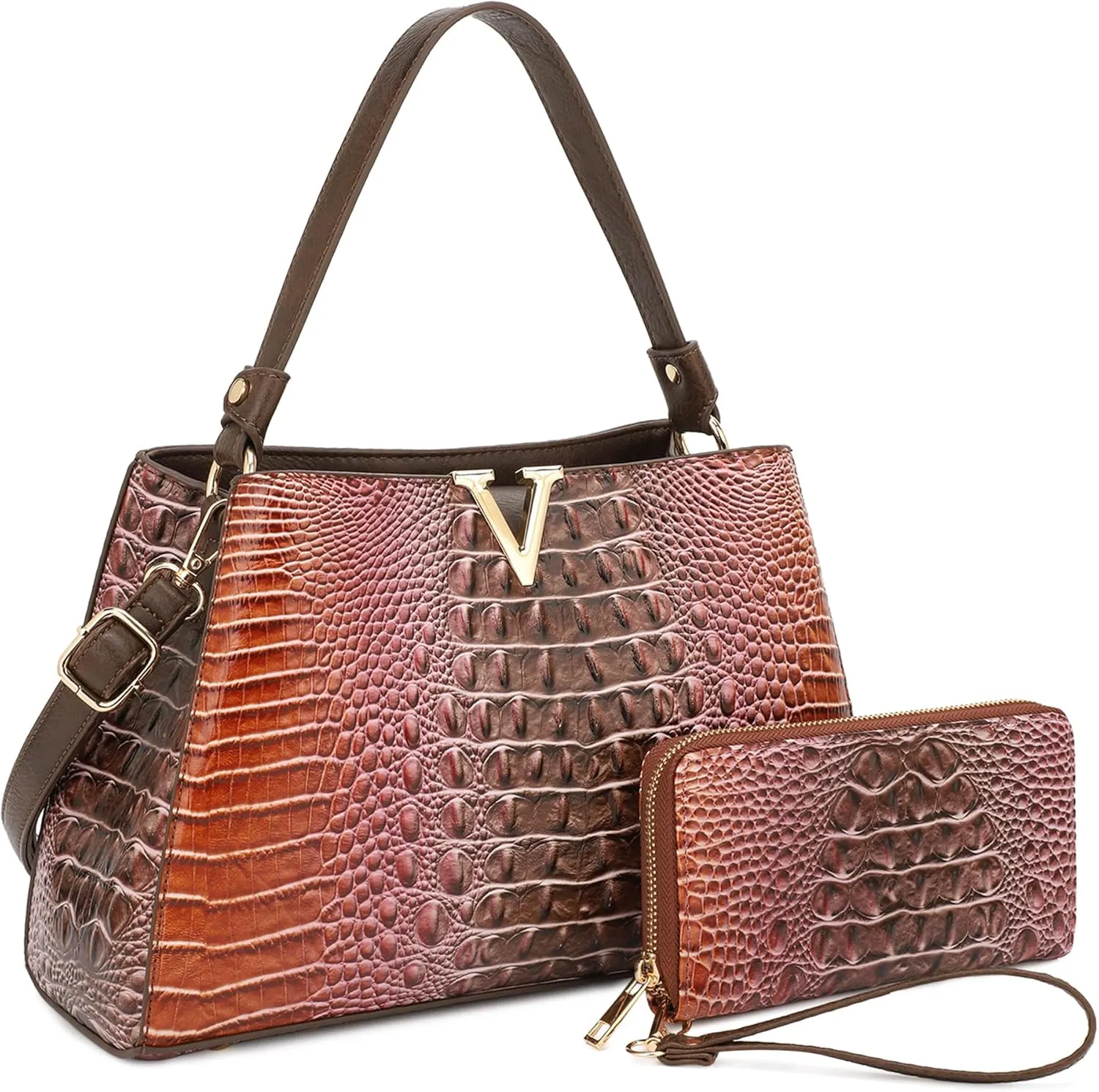 Top Handle Bag For Women, Crocodile Pattern Crossbody Designer Satchels, Adjustable Strap With Wallet For Ladies 2pcs