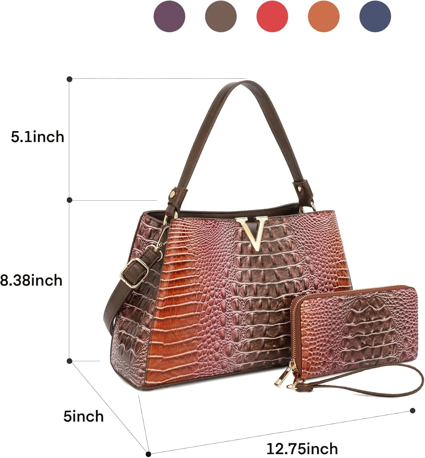 Top Handle Bag For Women, Crocodile Pattern Crossbody Designer Satchels, Adjustable Strap With Wallet For Ladies 2pcs
