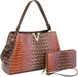Top Handle Bag For Women, Crocodile Pattern Crossbody Designer Satchels, Adjustable Strap With Wallet For Ladies 2pcs