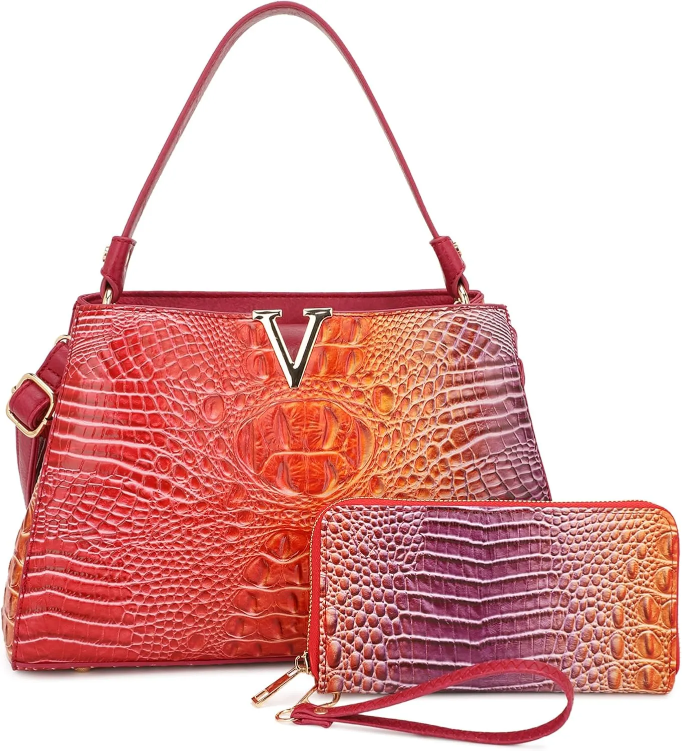 Top Handle Bag For Women, Crocodile Pattern Crossbody Designer Satchels, Adjustable Strap With Wallet For Ladies 2pcs