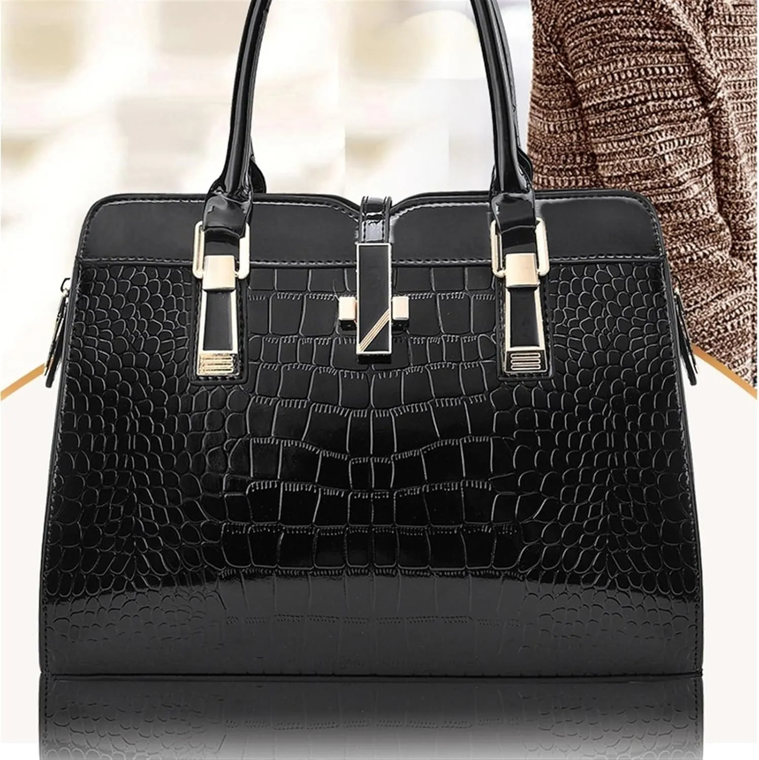 Tote for women Black Red Leather Handbags Shoulder Lock Female Bags Briefcase
