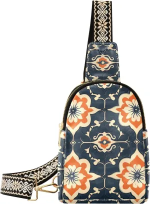 trendy Chinese Dunhuang Style Navy Blue and Orange Flower leather fanny pack leather shoulder fanny pack for for day pack