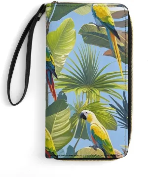 Tropical Plants And Parrots Wallet Leather Zipper Around Clutch Wallet Large Capacity Purse with Wristlet Strap