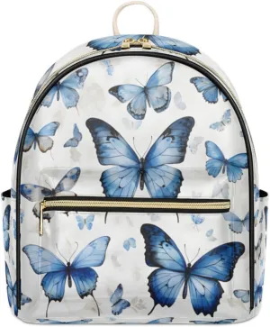 TropicalLife Blue Butterflies Backpack Purse for Women PU Leather Lightweight Ladies Shoulder Fashion Satchel Bags Travel Casual Daypack