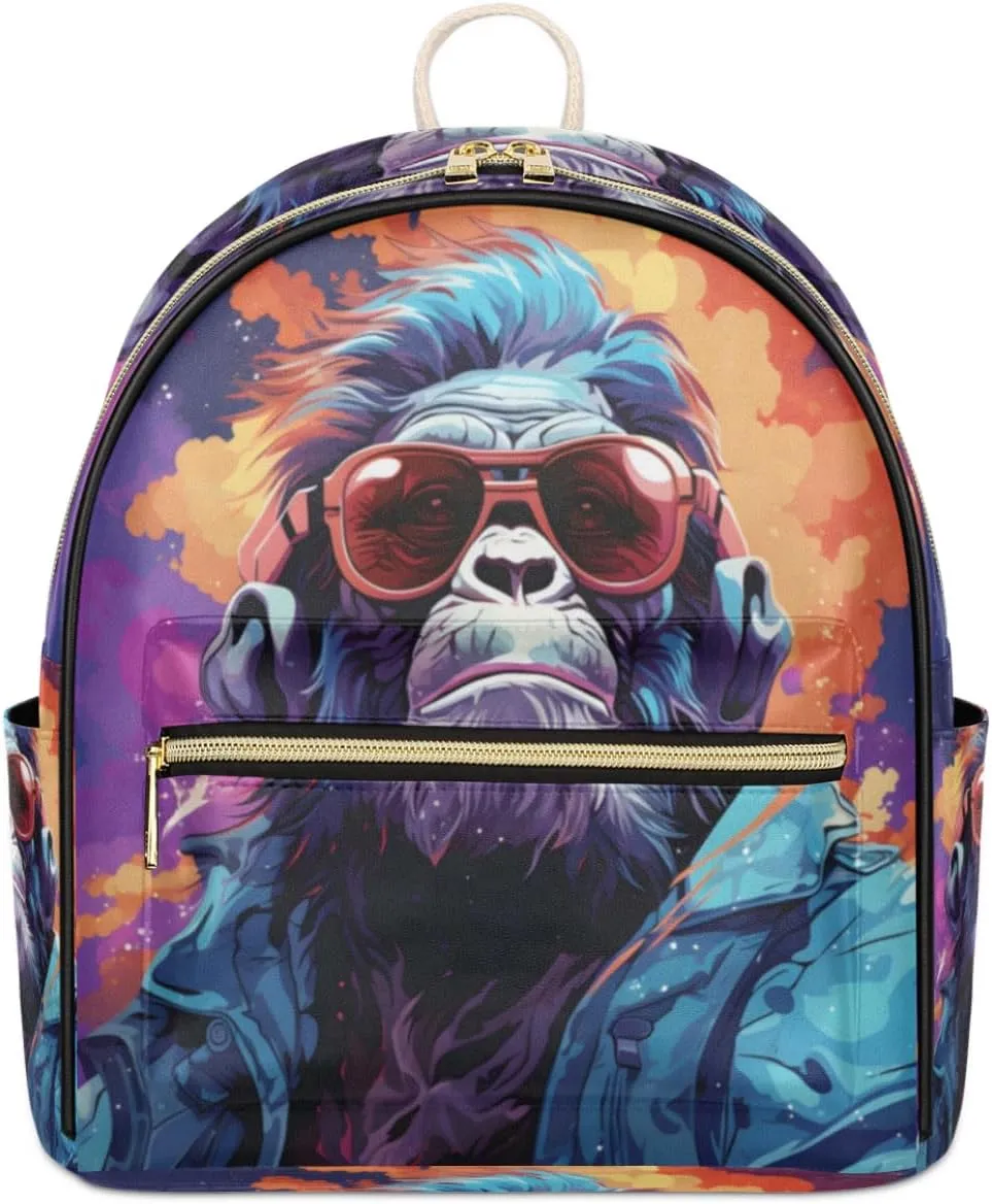TropicalLife Cool Monkey Gorilla Backpack Purse for Women PU Leather Lightweight Ladies Shoulder Fashion Satchel Bags Travel Casual Daypack