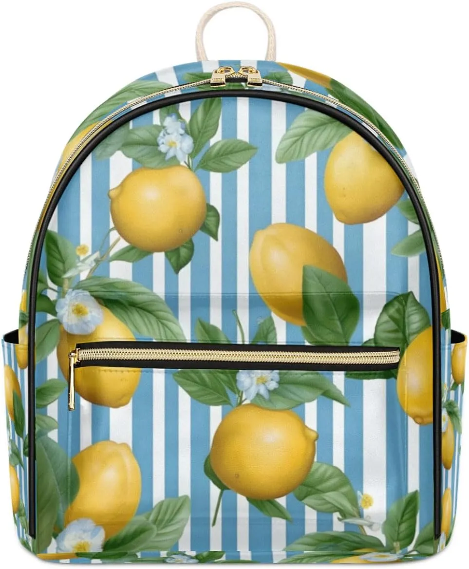 TropicalLife Cute Lemon Striped Backpack Purse for Women PU Leather Lightweight Ladies Shoulder Fashion Satchel Bags Travel Casual Daypack