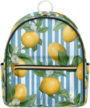TropicalLife Cute Lemon Striped Backpack Purse for Women PU Leather Lightweight Ladies Shoulder Fashion Satchel Bags Travel Casual Daypack