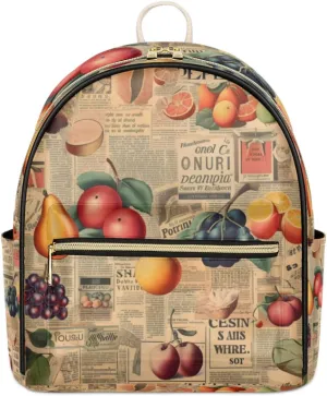 TropicalLife Fruit Vintage Newspaper Backpack Purse for Women PU Leather Lightweight Ladies Shoulder Fashion Satchel Bags Travel Casual Daypack