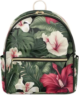TropicalLife Green Palm Leaf Floral Backpack Purse for Women PU Leather Lightweight Ladies Shoulder Fashion Satchel Bags Travel Casual Daypack