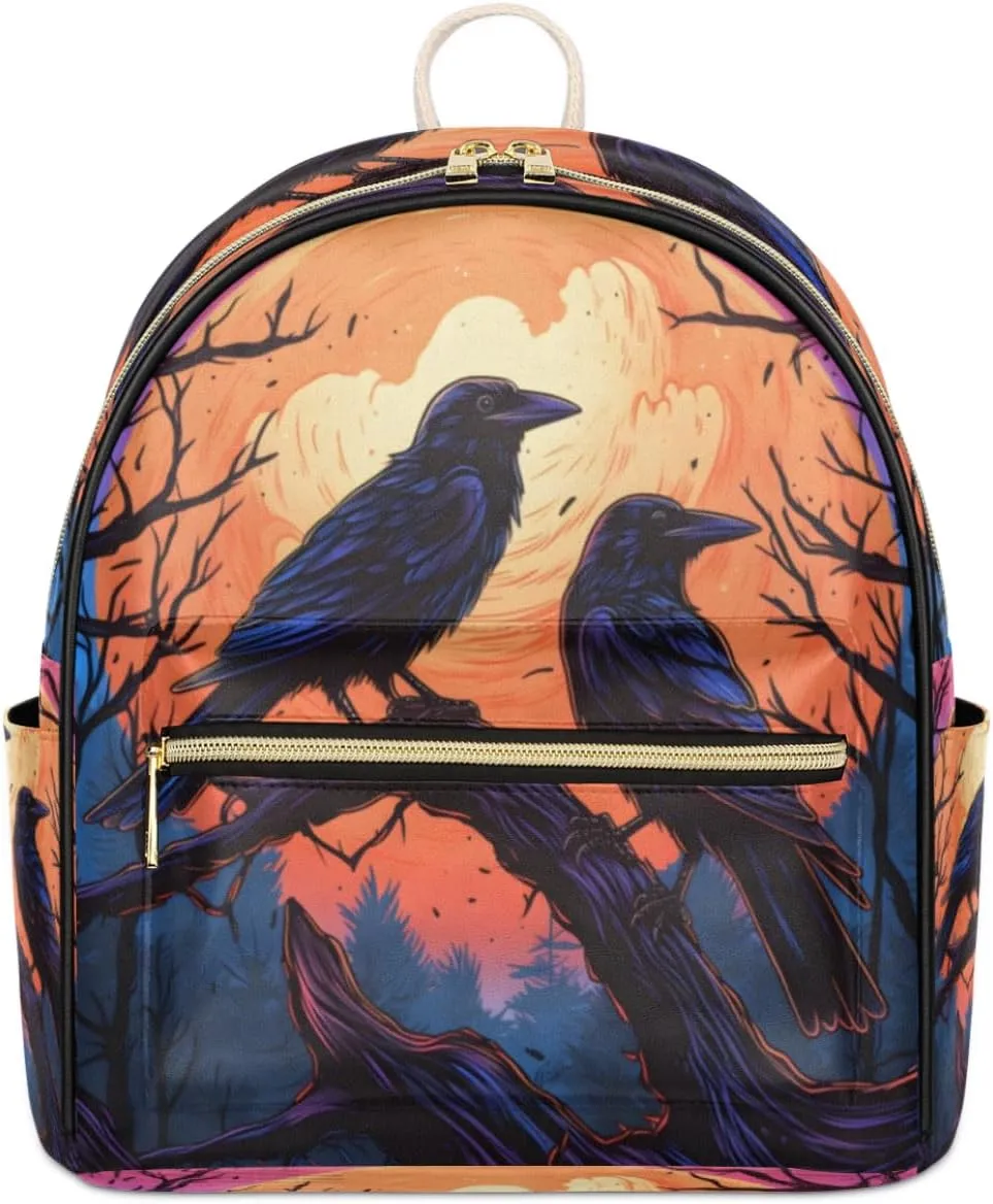 TropicalLife Halloween Crows Bird Backpack Purse for Women PU Leather Lightweight Ladies Shoulder Fashion Satchel Bags Travel Casual Daypack