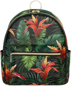 TropicalLife Hawaiian Palm Leaf Backpack Purse for Women PU Leather Lightweight Ladies Shoulder Fashion Satchel Bags Travel Casual Daypack